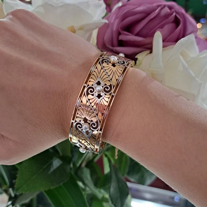 Antique Art Nouveau French Gold Bangle Bracelet with Pearls and Platinum Detailing