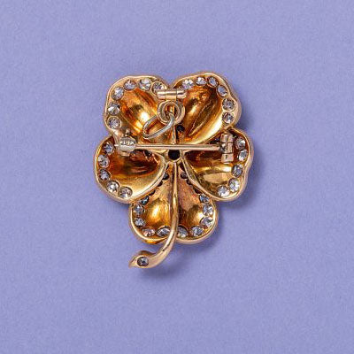 Art Nouveau Purple Enamel and Diamond Pansy Flower Brooches, pair of 18ct yellow gold pansy brooch pendants with lilac purple and yellow enamelled leaves set with 3.76cts old cut diamonds possibly Tiffany