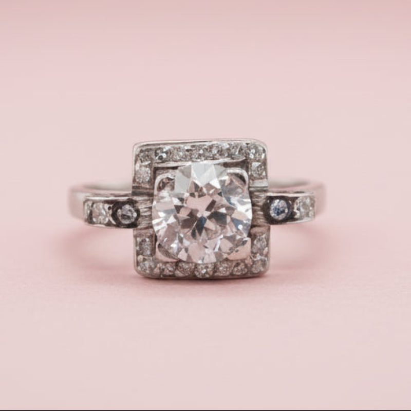 Art Deco 1.5ct Old Cut Diamond Square Cluster Engagement Ring