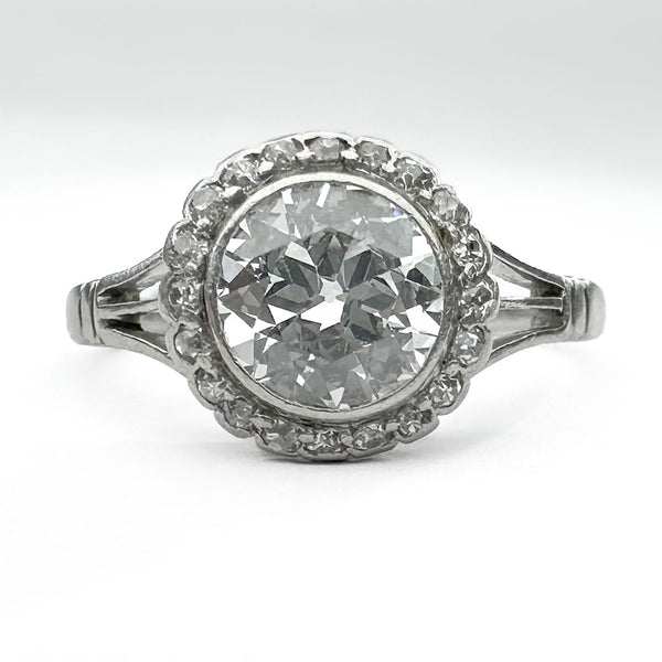 Art Deco Edwardian diamond halo engagement ring, platinum Old European  cut