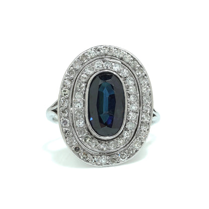 Art Deco Platinum Sapphire and Old Cut Diamond Ring