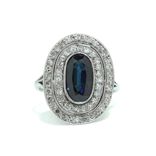 Art Deco Platinum Sapphire and Old Cut Diamond Ring