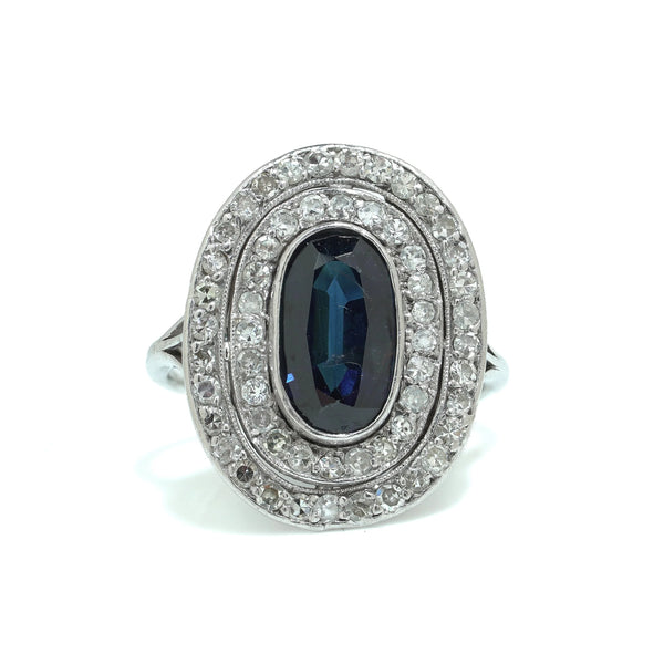 Art Deco Platinum Sapphire and Old Cut Diamond Ring