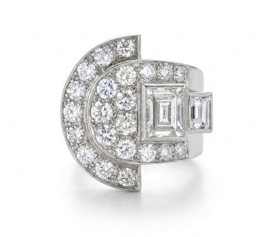 Original Art Deco platinum diamond plaque ring with geometric design and step and baguette cut diamonds | Jewellery Discovery London UK