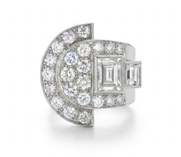 Original Art Deco Platinum Geometric Diamond Dress Ring, Circa 1930