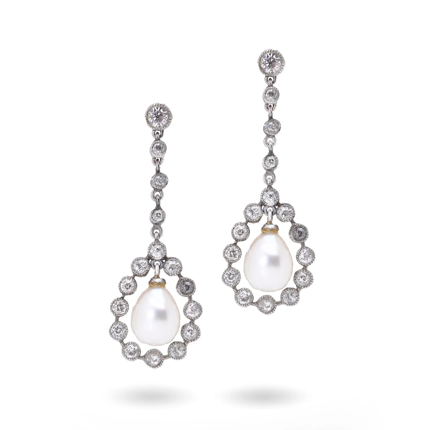 Art Deco Platinum Drop Earrings with Natural Pearls & Old Cut Diamonds, c.1920s