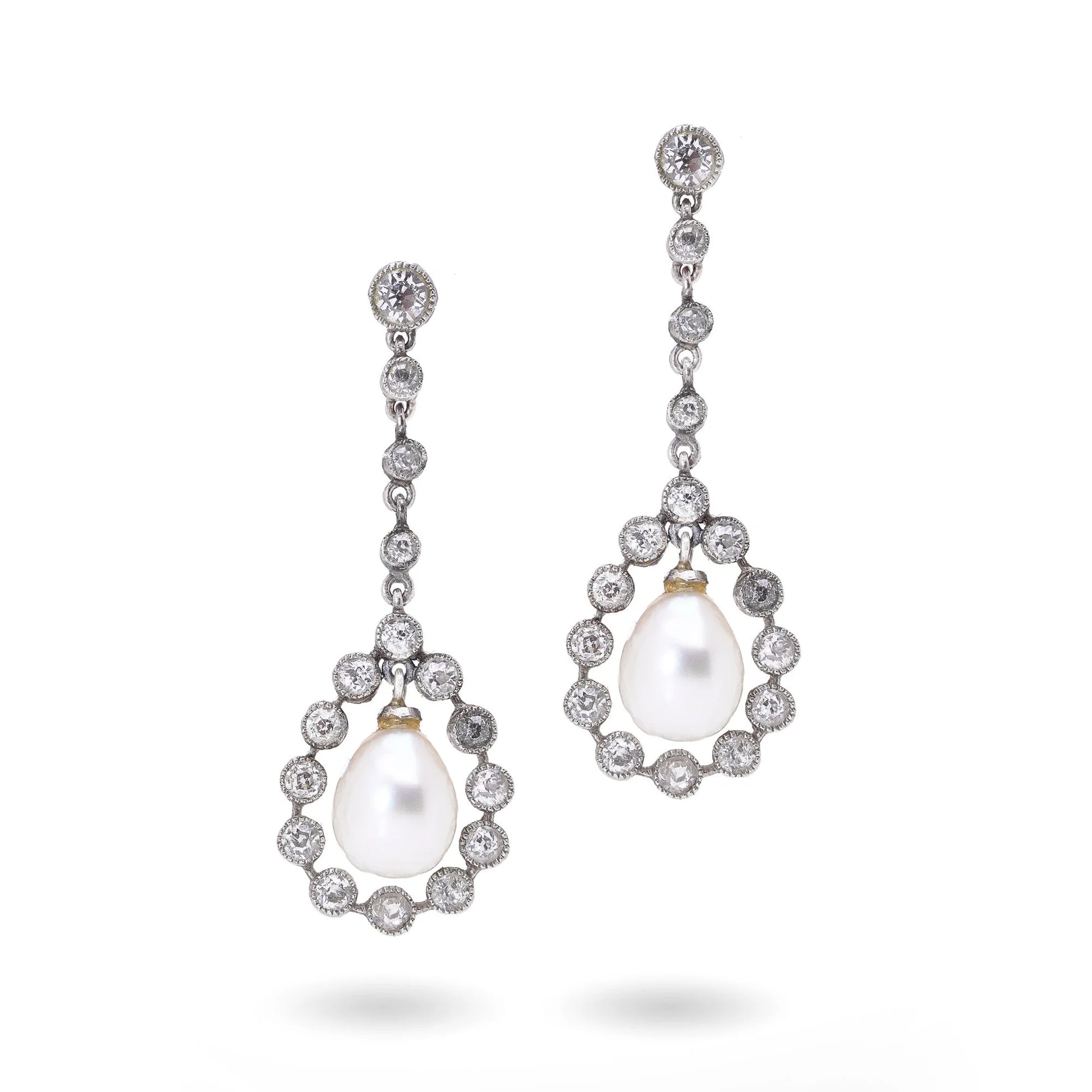 Art Deco Platinum Drop Earrings with Natural Pearls & Old Cut Diamonds, c.1920s