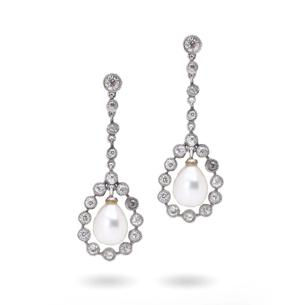 Art Deco Platinum Drop Earrings with Natural Pearls & Old Cut Diamonds, c.1920s