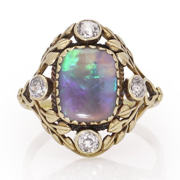 Antique Arts and Crafts Opal Diamond Gold Dress Ring
