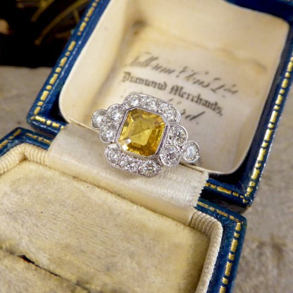 Asscher Cut 1.15ct Yellow Sapphire and Diamond Cluster Ring