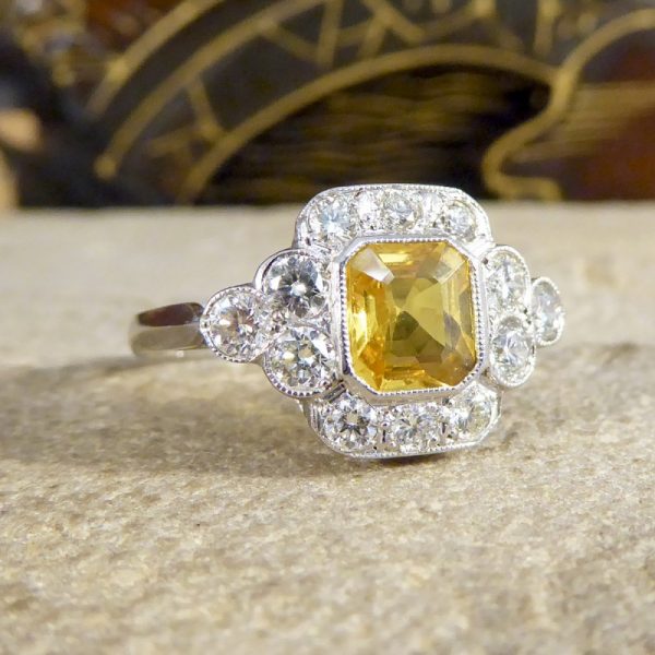 Asscher Cut 1.15ct Yellow Sapphire and Diamond Cluster Ring