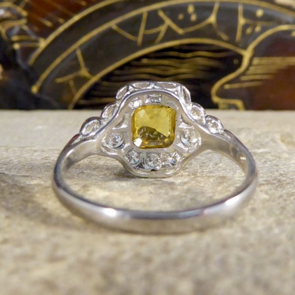 Asscher Cut 1.15ct Yellow Sapphire and Diamond Cluster Ring