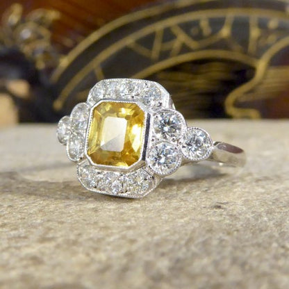 Asscher Cut 1.15ct Yellow Sapphire and Diamond Cluster Ring