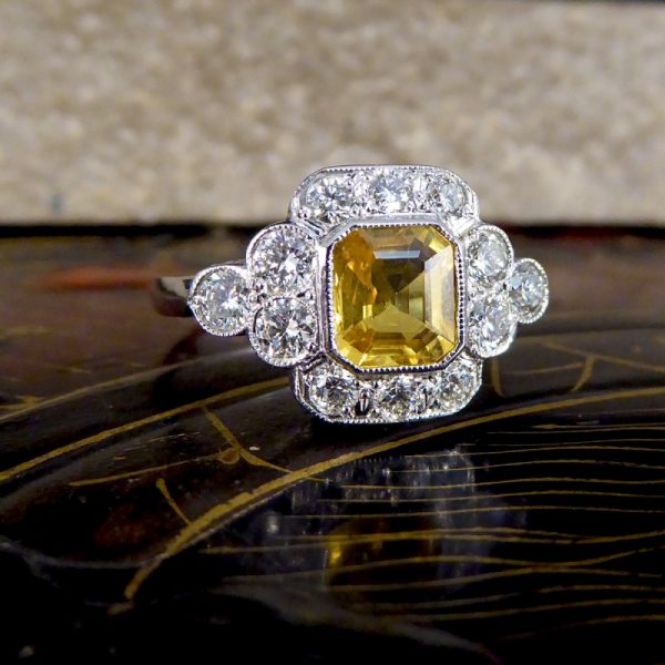 Asscher Cut 1.15ct Yellow Sapphire and Diamond Cluster Ring