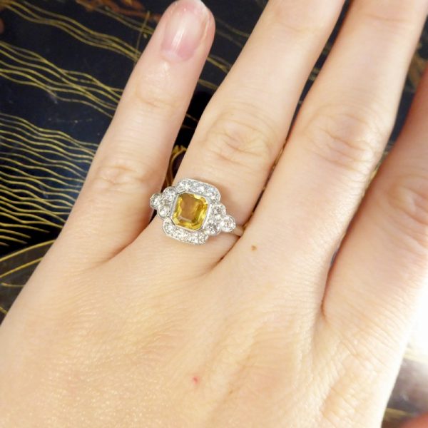 Asscher Cut 1.15ct Yellow Sapphire and Diamond Cluster Ring