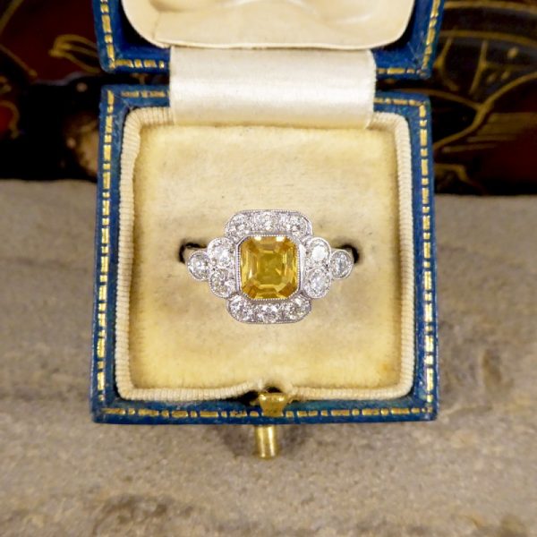 Asscher Cut 1.15ct Yellow Sapphire and Diamond Cluster Ring