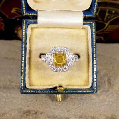 Asscher Cut 1.15ct Yellow Sapphire and Diamond Cluster Ring