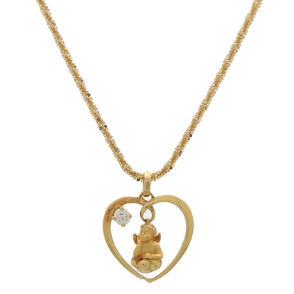 Diamond cherub and heart pendant in yellow gold.