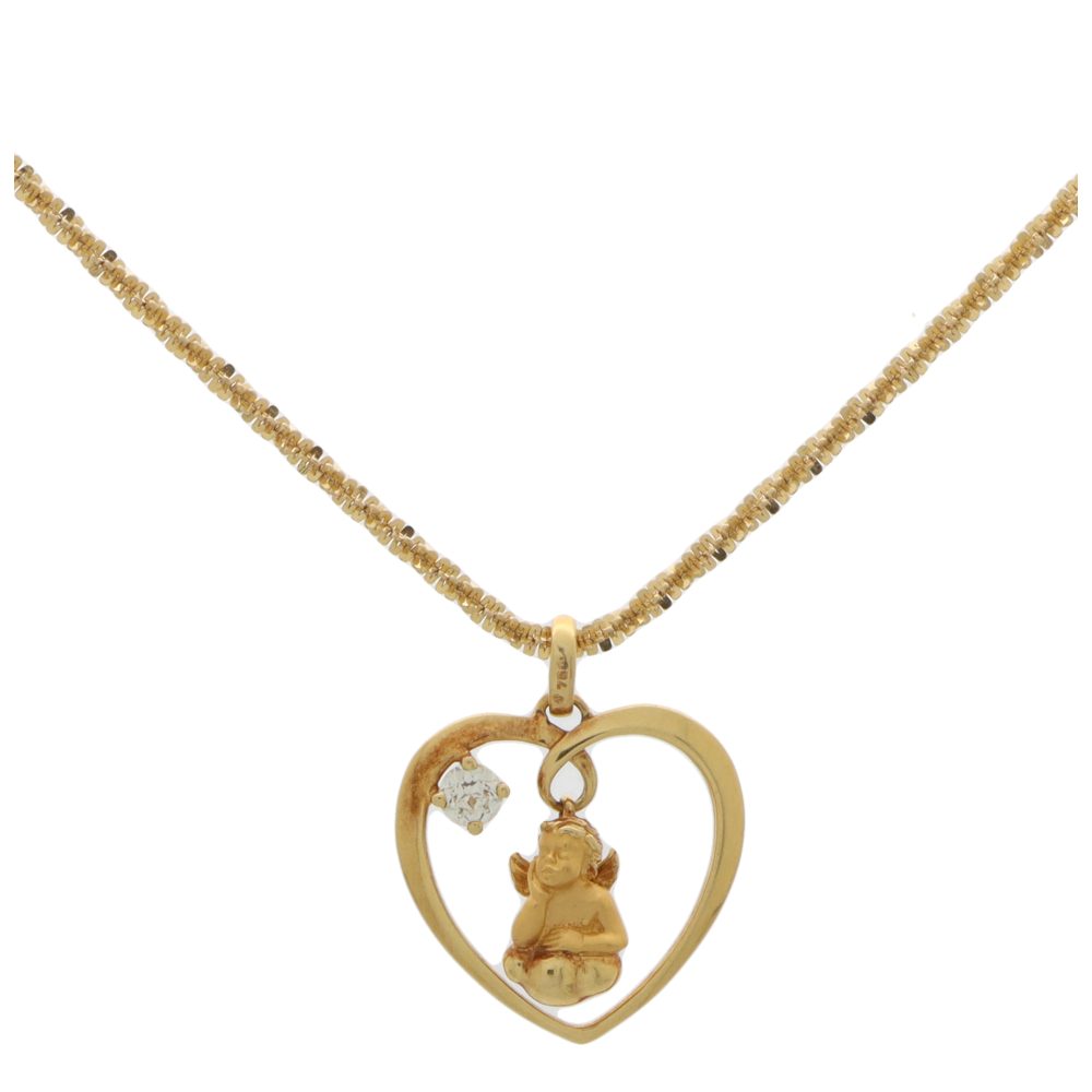Diamond cherub and heart pendant in yellow gold.