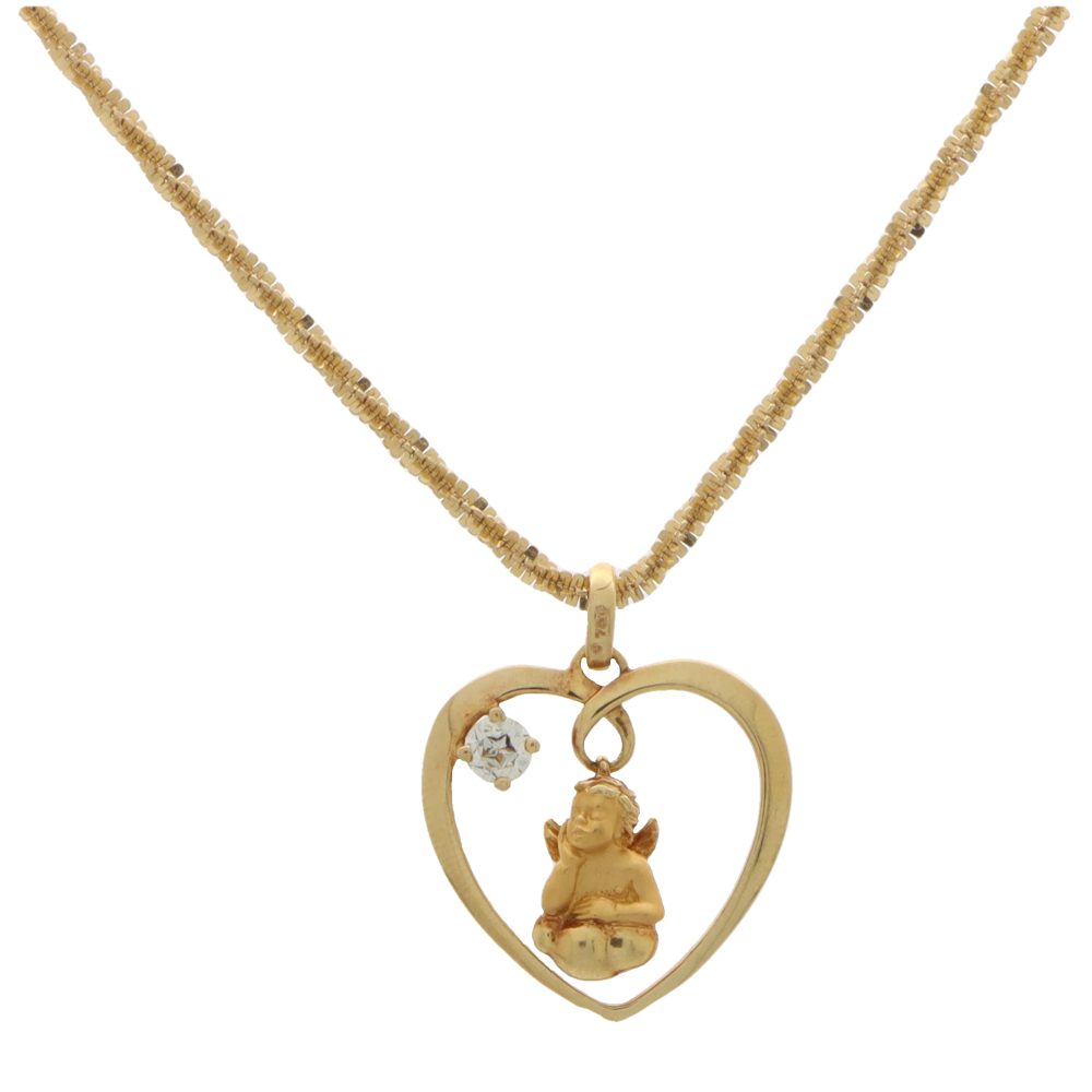 Diamond cherub and heart pendant in yellow gold.