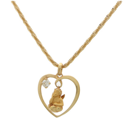Diamond cherub and heart pendant in yellow gold.