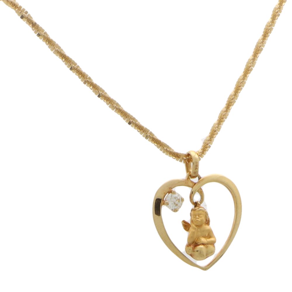 Diamond cherub and heart pendant in yellow gold.