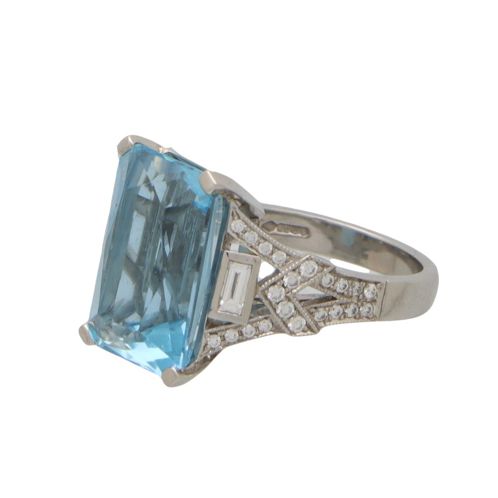 Art Deco Inspiried Aquamarine and Diamond Cocktail Ring In Platinum