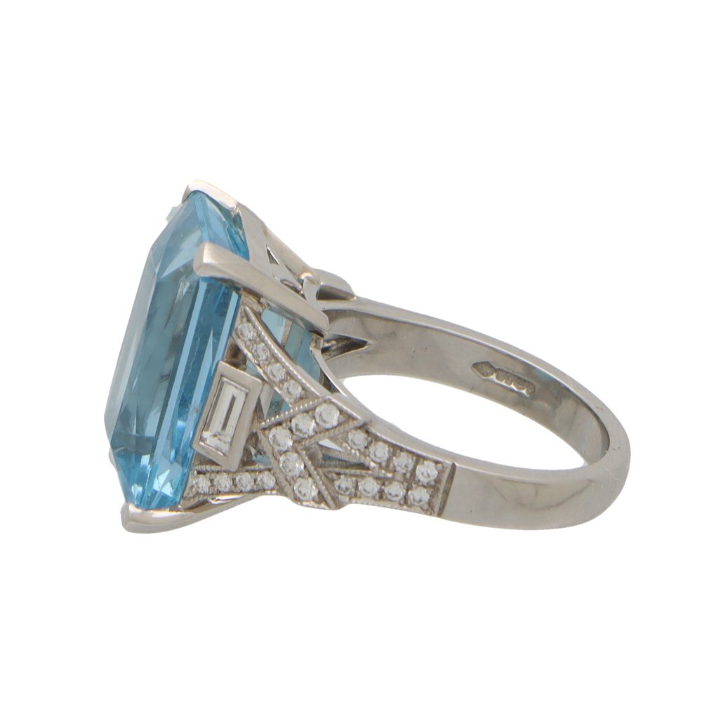 Art Deco Inspiried Aquamarine and Diamond Cocktail Ring In Platinum