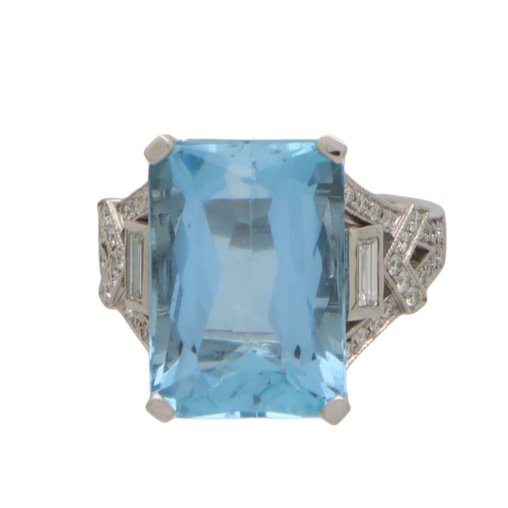 Art Deco Inspiried Aquamarine and Diamond Cocktail Ring In Platinum
