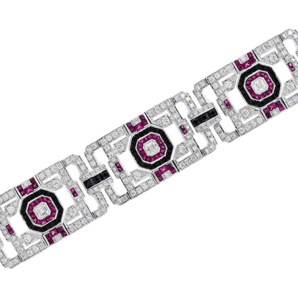 Art Deco Inspired Diamond Ruby and Black Onyx Wide Bracelet