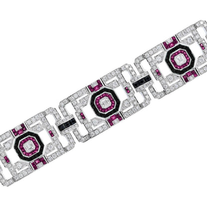 Art Deco Inspired Diamond Ruby and Black Onyx Wide Bracelet