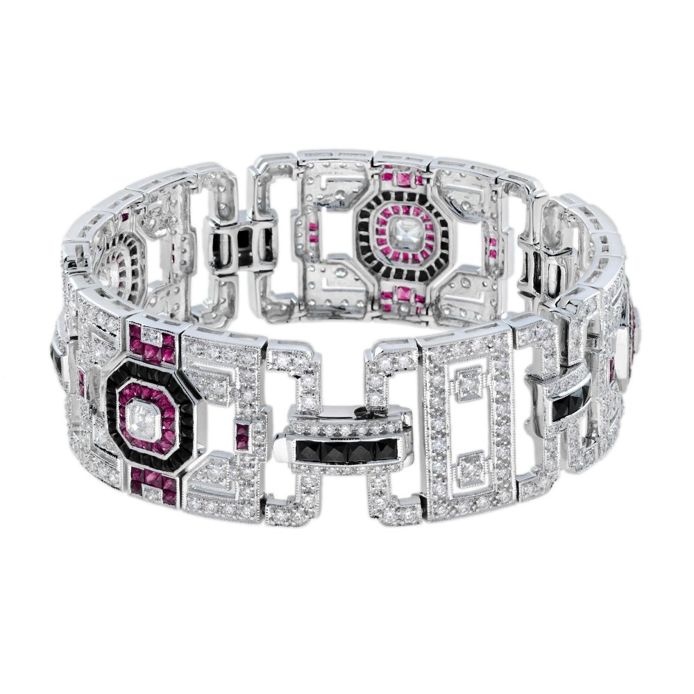 Art Deco Inspired Diamond Ruby and Black Onyx Wide Bracelet