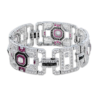 Art Deco Inspired Diamond Ruby and Black Onyx Wide Bracelet