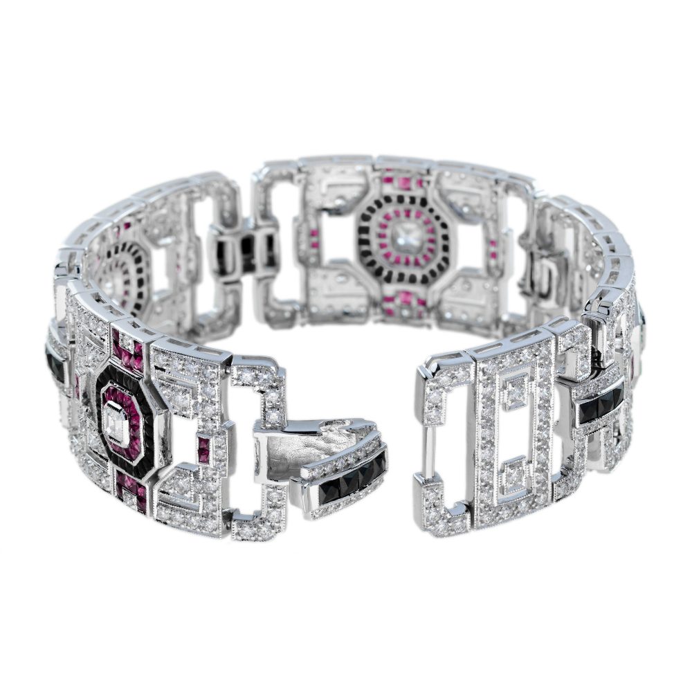 Art Deco Inspired Diamond Ruby and Black Onyx Wide Bracelet