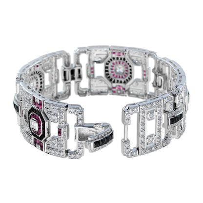 Art Deco Inspired Diamond Ruby and Black Onyx Wide Bracelet