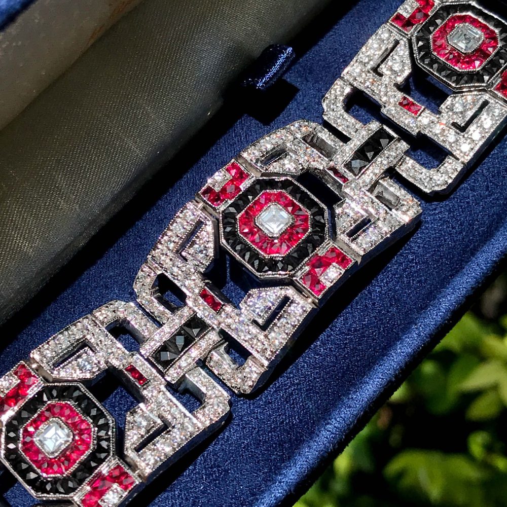 Art Deco Inspired Diamond Ruby and Black Onyx Wide Bracelet