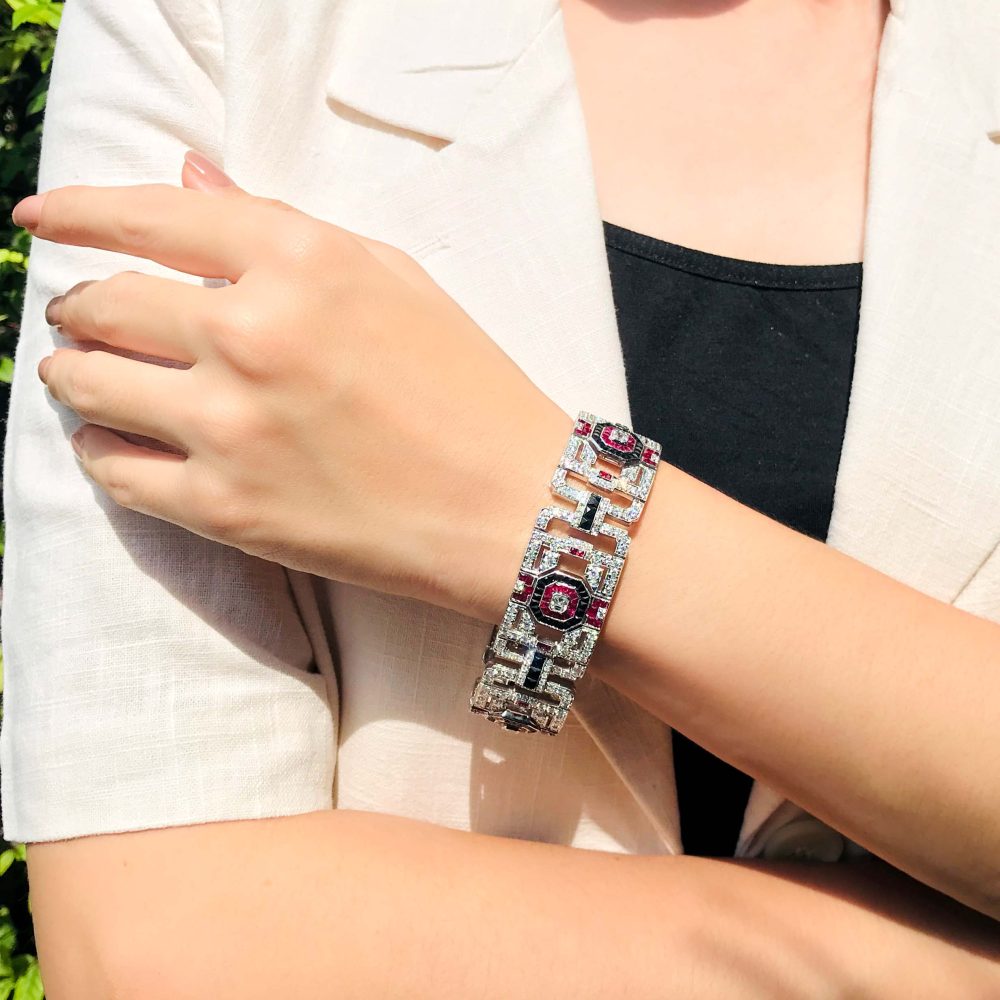 Art Deco Inspired Diamond Ruby and Black Onyx Wide Bracelet