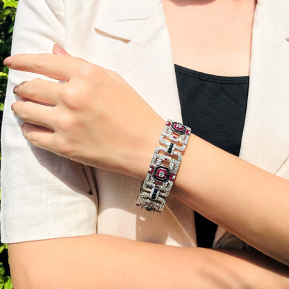 Art Deco Inspired Diamond Ruby and Black Onyx Wide Bracelet