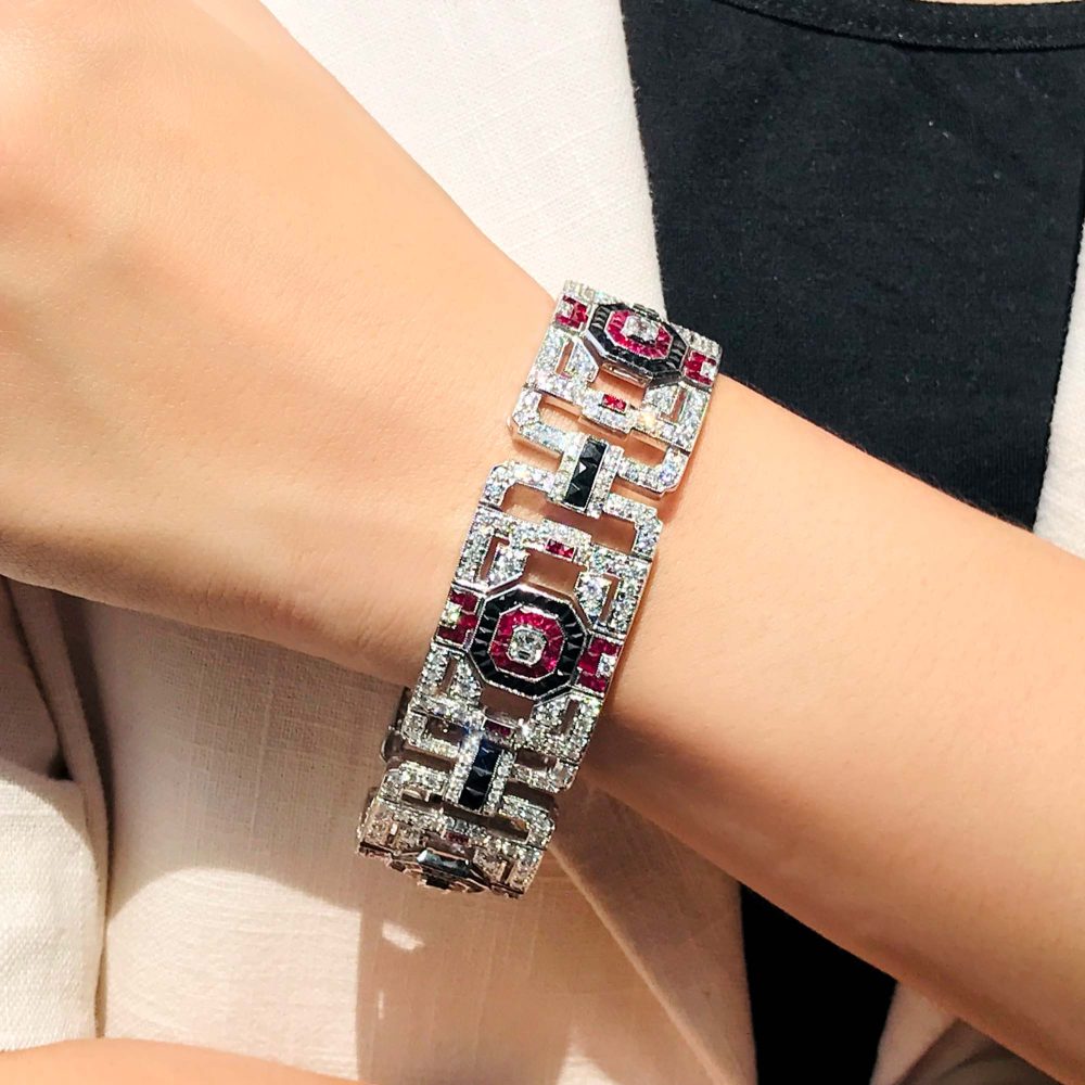 Art Deco Inspired Diamond Ruby and Black Onyx Wide Bracelet