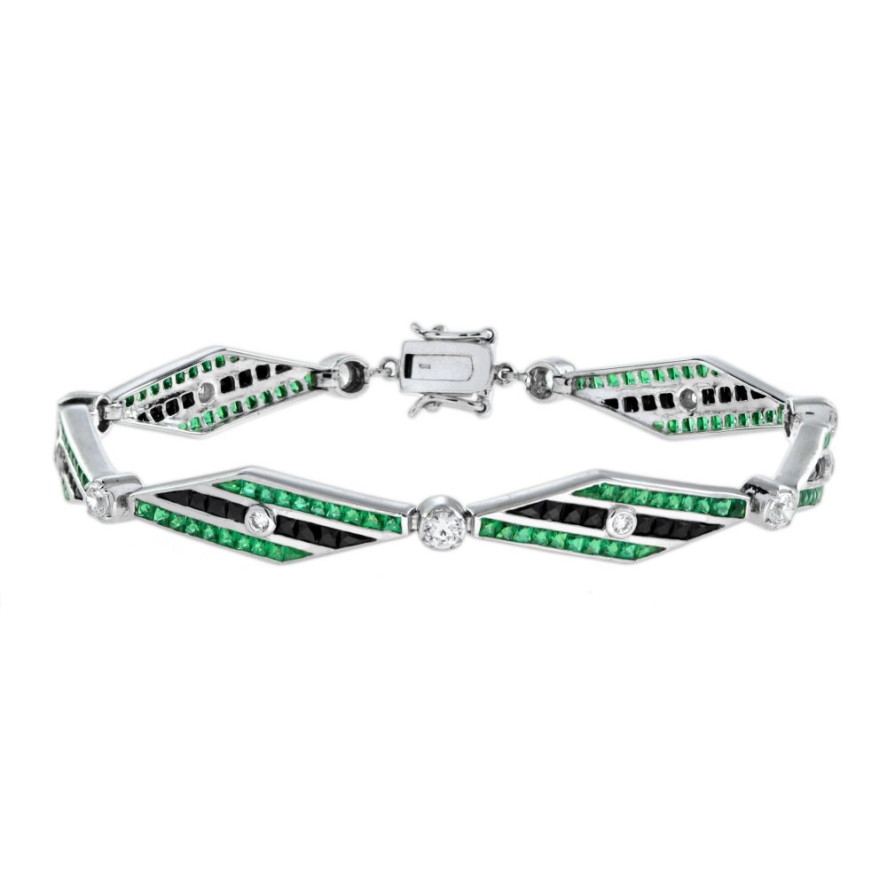 Art Deco Style Black Onyx, Emerald and Diamond Bracelet; 18ct white gold diamond shaped links set with 0.88cts diamonds, onyx and 8.4cts emeralds