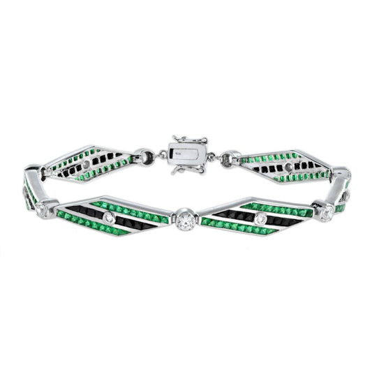 Art Deco Style Black Onyx, Emerald and Diamond Bracelet; 18ct white gold diamond shaped links set with 0.88cts diamonds, onyx and 8.4cts emeralds