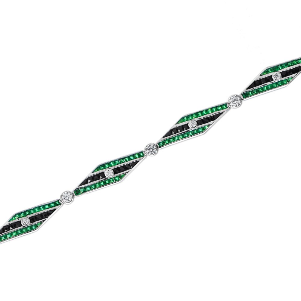 Art Deco Style Black Onyx, Emerald and Diamond Bracelet