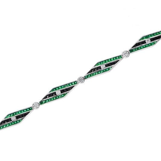 Art Deco Style Black Onyx, Emerald and Diamond Bracelet