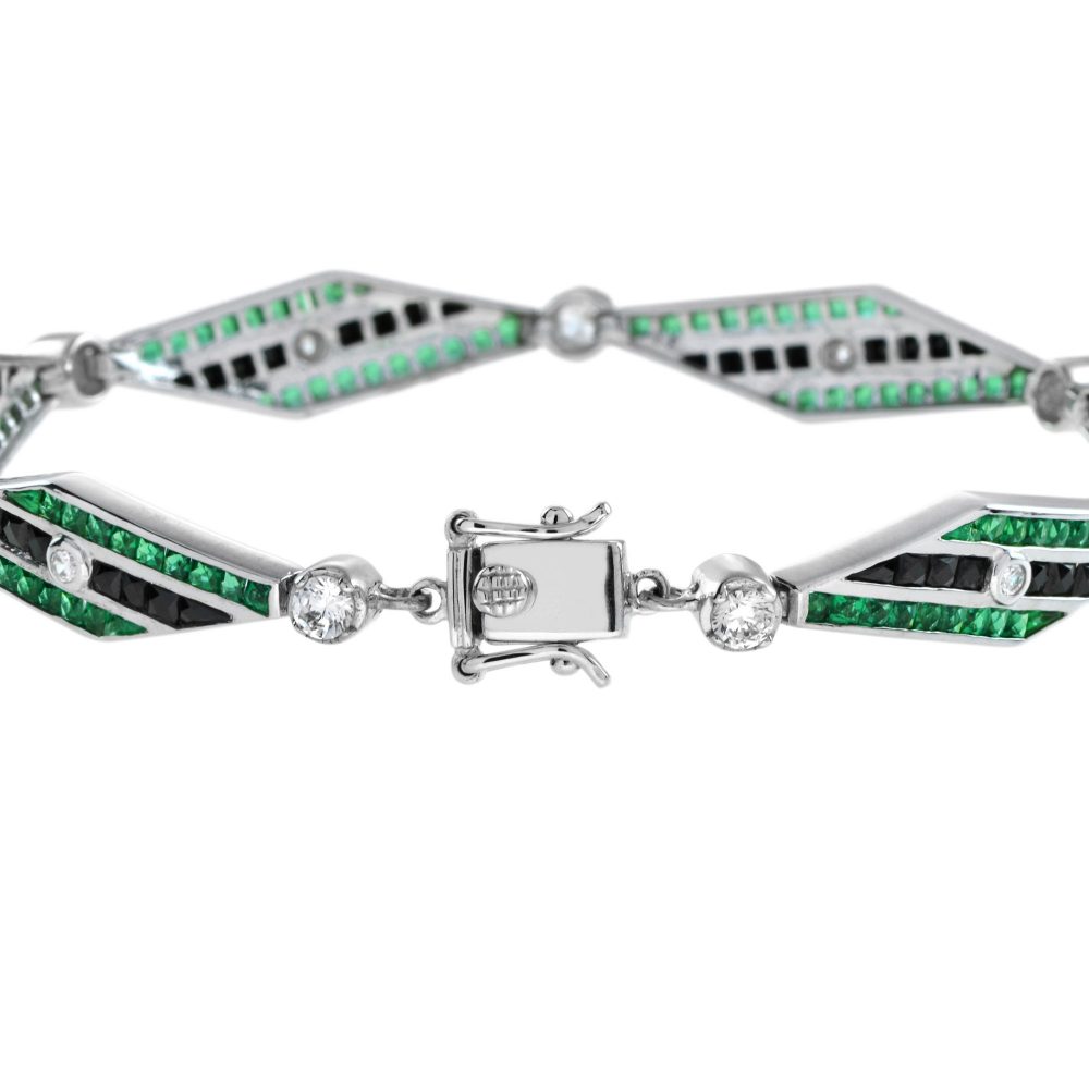 Art Deco Style Black Onyx, Emerald and Diamond Bracelet