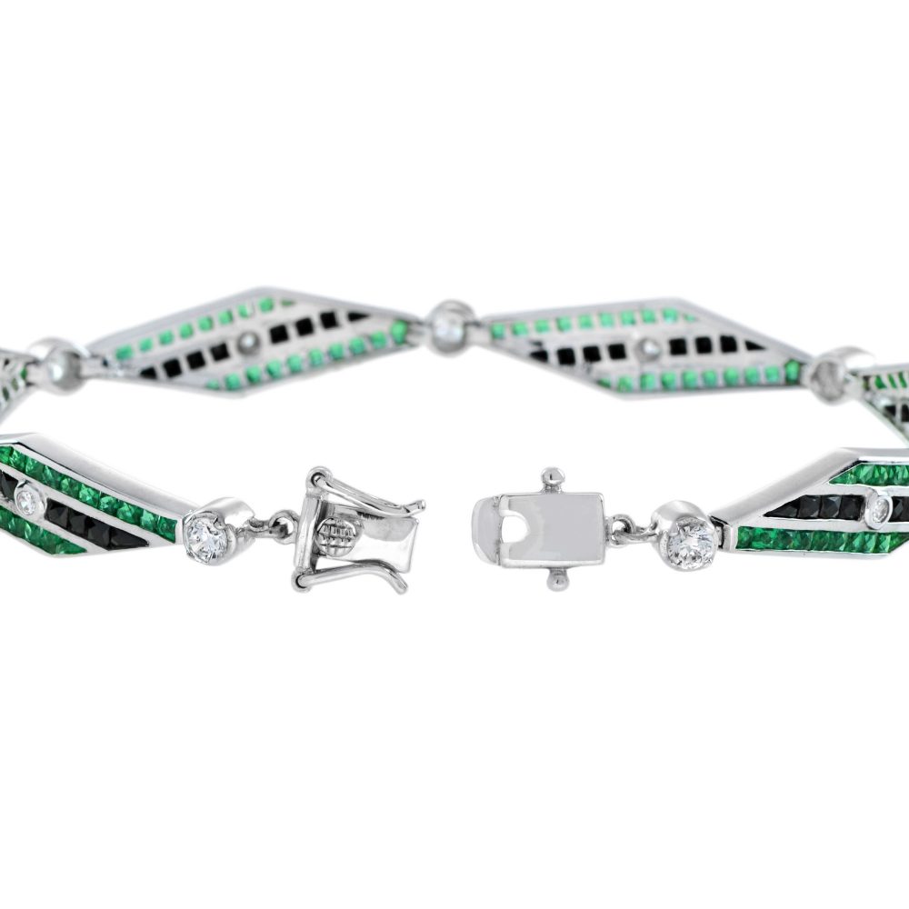 Art Deco Style Black Onyx, Emerald and Diamond Bracelet