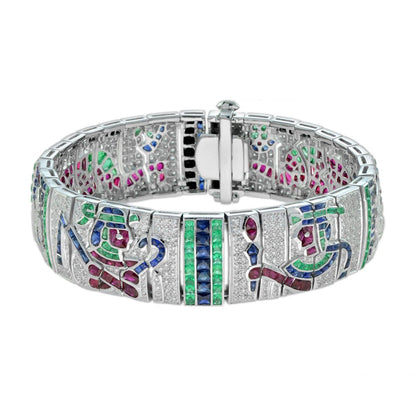 Egyptian Revival Multi Gemstone Emerald Sapphire Ruby Onyx Diamond Bracelet