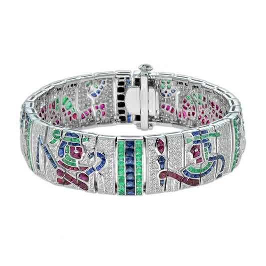 Egyptian Revival Multi Gemstone Emerald Sapphire Ruby Onyx Diamond Bracelet