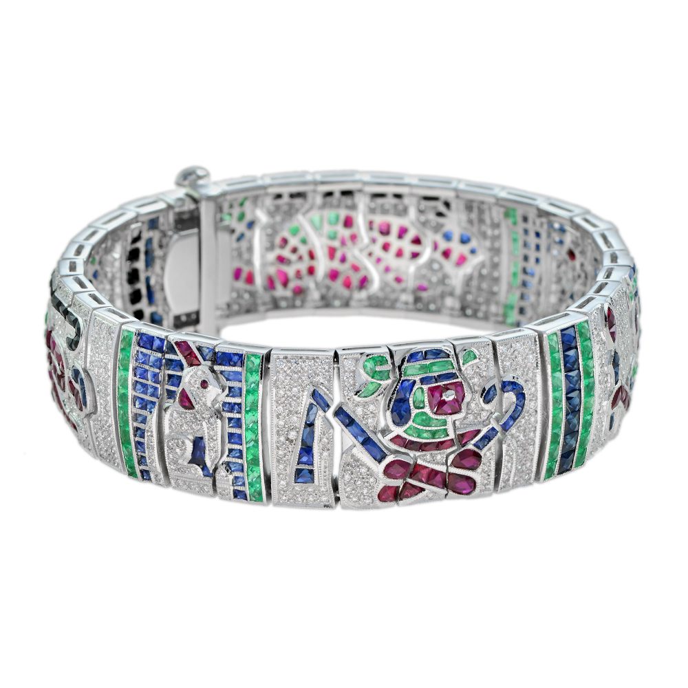Egyptian Revival Multi Gemstone Emerald Sapphire Ruby Onyx Diamond Bracelet