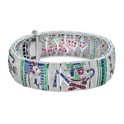 Egyptian Revival Multi Gemstone Emerald Sapphire Ruby Onyx Diamond Bracelet