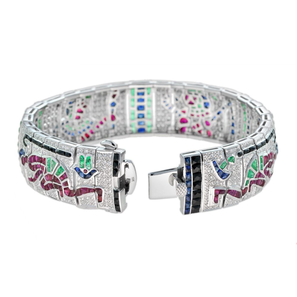 Egyptian Revival Multi Gemstone Emerald Sapphire Ruby Onyx Diamond Bracelet